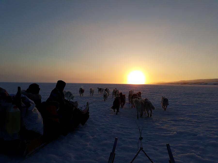 På vej med hundeslæde for at fiske ørreder ca. 50 km fra Ittoqqortoormiit. Billedet er taget d. 25. maj 2019 om natten.
