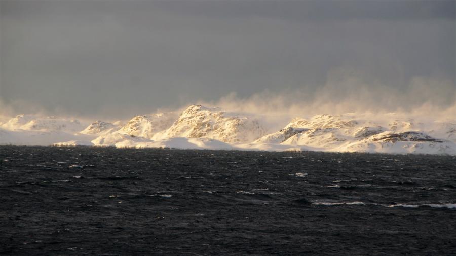 Akia / Nordlandet, overfor Nuuk i snefygning, januar 2017